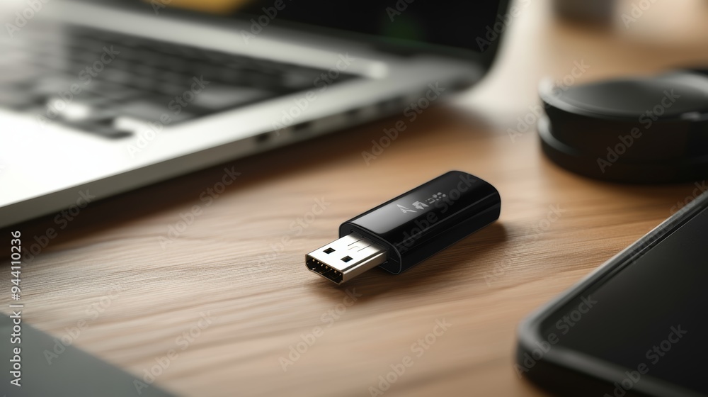 Close-up of an encrypted USB flash drive on a desk with a laptop, highlighting data security and protection. Close-up of an encrypted USB flash drive on a desk with a laptop, highlighting data security and protection.