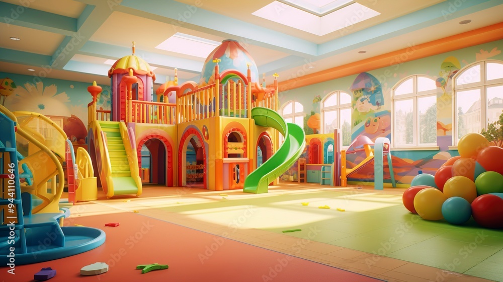 A photo of a colorful and inviting daycare play area. A photo of a colorful and inviting daycare play area.