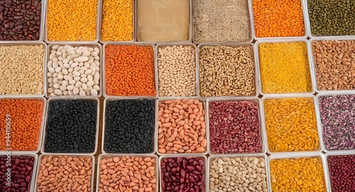 Different types of legumes in bowls, green with yellow peas and mung beans, chickpeas and peanuts, colored beans and lentils, top view