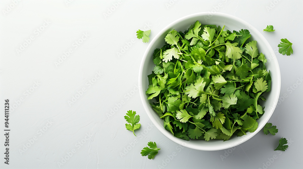 coriander leaves in bowl, top view, white background png, space for copy, flat lay coriander leaves in bowl, top view, white background png, space for copy, flat lay
