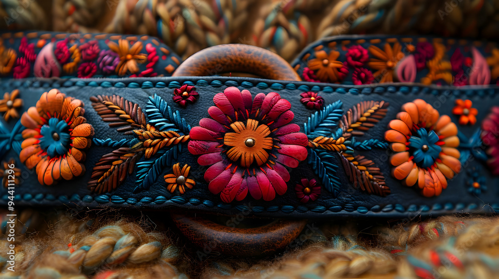 Embroidered Leather Belt with Colorful Flowers - Close Up Illustration Embroidered Leather Belt with Colorful Flowers - Close Up Illustration