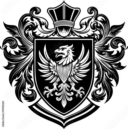 Heraldic shield with royal floral ornament. Vintage crest sign or coat of arms