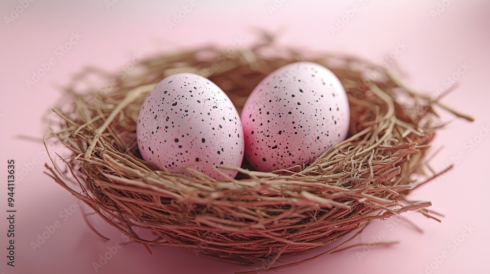 Two speckled eggs nestled in a straw nest against a soft pink background. Two speckled eggs nestled in a straw nest against a soft pink background.
