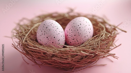 Two speckled eggs nestled in a straw nest against a soft pink background.