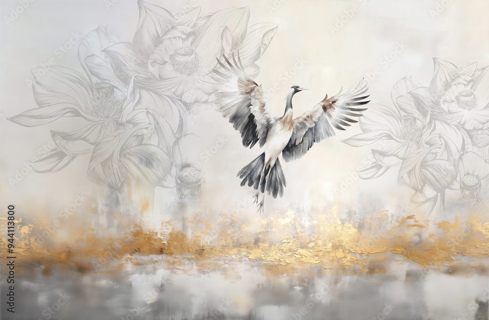 Fototapeta Crane in flight over the golden lake. Illustration for wallpaper, wall decoration, poster, card.