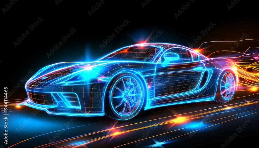 a high-tech car in low poly wireframe design. with light trails. the future of transportation, Electric and Autonomous Vehicles, Automotive Engineering, Smart Mobility, future logistics. a high-tech car in low poly wireframe design. with light trails. the future of transportation, Electric and Autonomous Vehicles, Automotive Engineering, Smart Mobility, future logistics.
