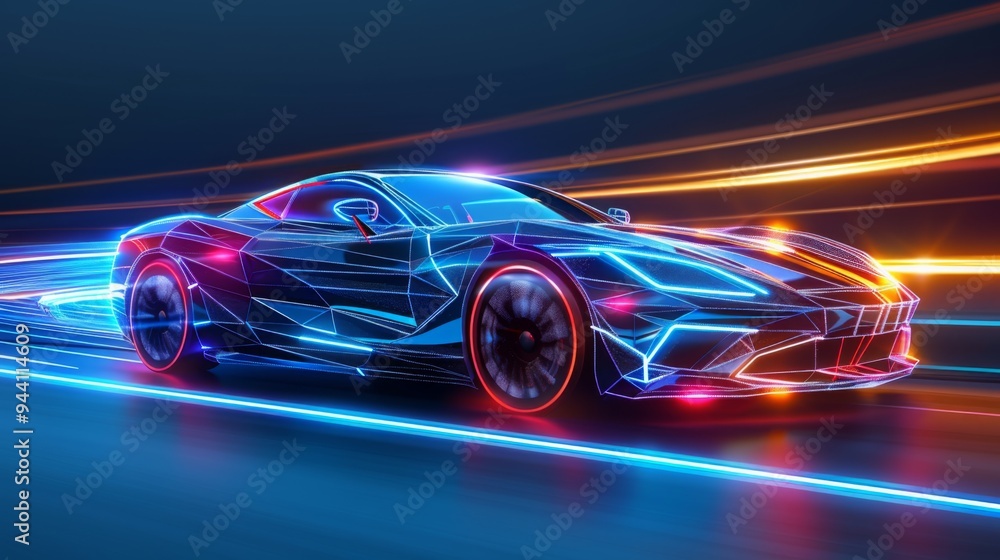 a high-tech car in low poly wireframe design. with light trails. the future of transportation, Electric and Autonomous Vehicles, Automotive Engineering, Smart Mobility, future logistics. a high-tech car in low poly wireframe design. with light trails. the future of transportation, Electric and Autonomous Vehicles, Automotive Engineering, Smart Mobility, future logistics.
