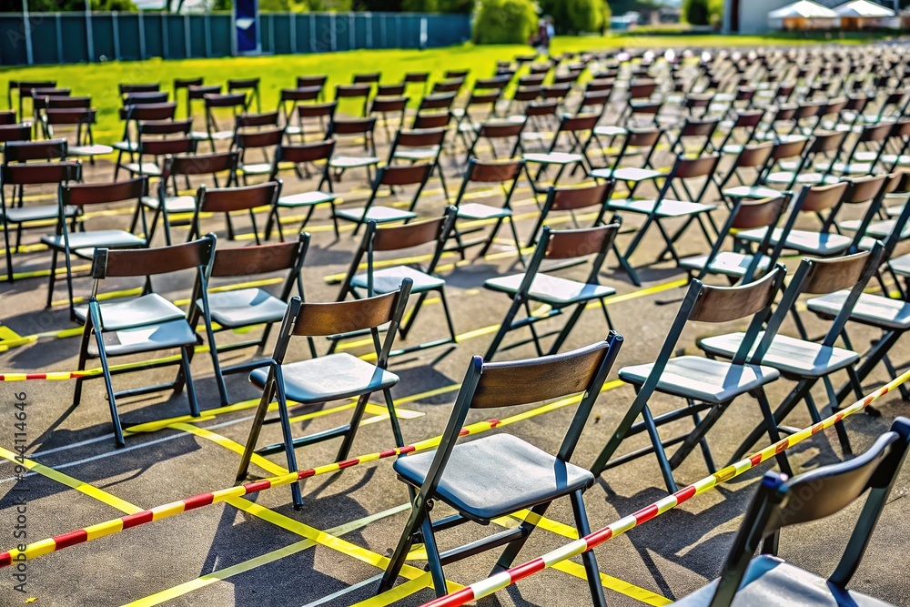 Fototapeta premium Empty chairs spaced apart in a large festival setting with tape markings on the ground, emphasizing caution and responsible gathering measures.