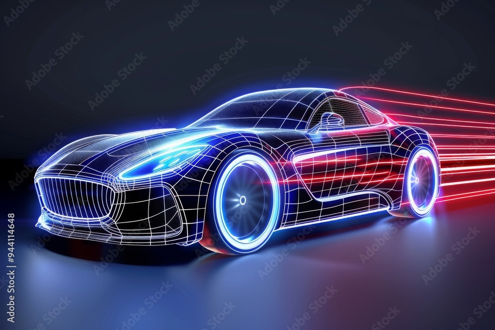 a high-tech car in low poly wireframe design. with light trails. the future of transportation, Electric and Autonomous Vehicles, Automotive Engineering, Smart Mobility, future logistics. a high-tech car in low poly wireframe design. with light trails. the future of transportation, Electric and Autonomous Vehicles, Automotive Engineering, Smart Mobility, future logistics.