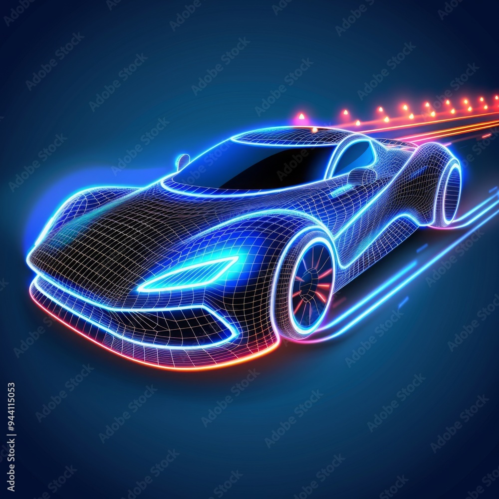 a high-tech car in low poly wireframe design. with light trails. the future of transportation, Electric and Autonomous Vehicles, Automotive Engineering, Smart Mobility, future logistics. a high-tech car in low poly wireframe design. with light trails. the future of transportation, Electric and Autonomous Vehicles, Automotive Engineering, Smart Mobility, future logistics.