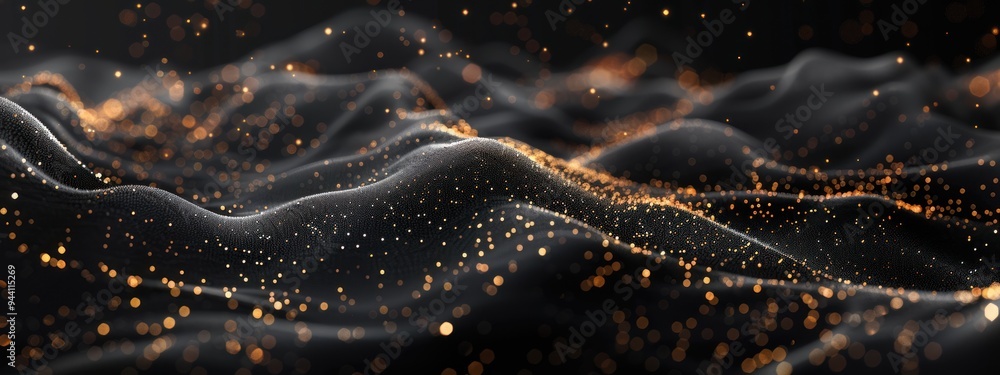 Abstract 3D Render of Wavy Black Surface with Golden Dust Abstract 3D Render of Wavy Black Surface with Golden Dust