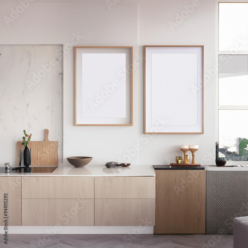 Mockup poster frames, parede branca cozinha estilo moderno com decoração clean. Render 3D.