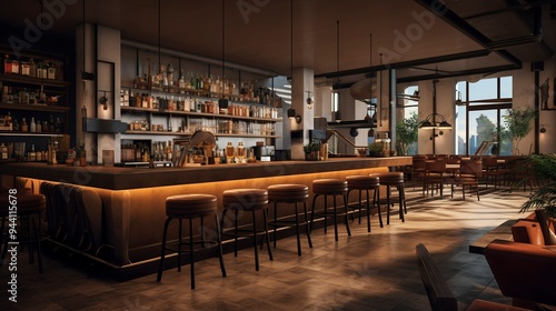 A photo of a contemporary tapas bar with communal seat