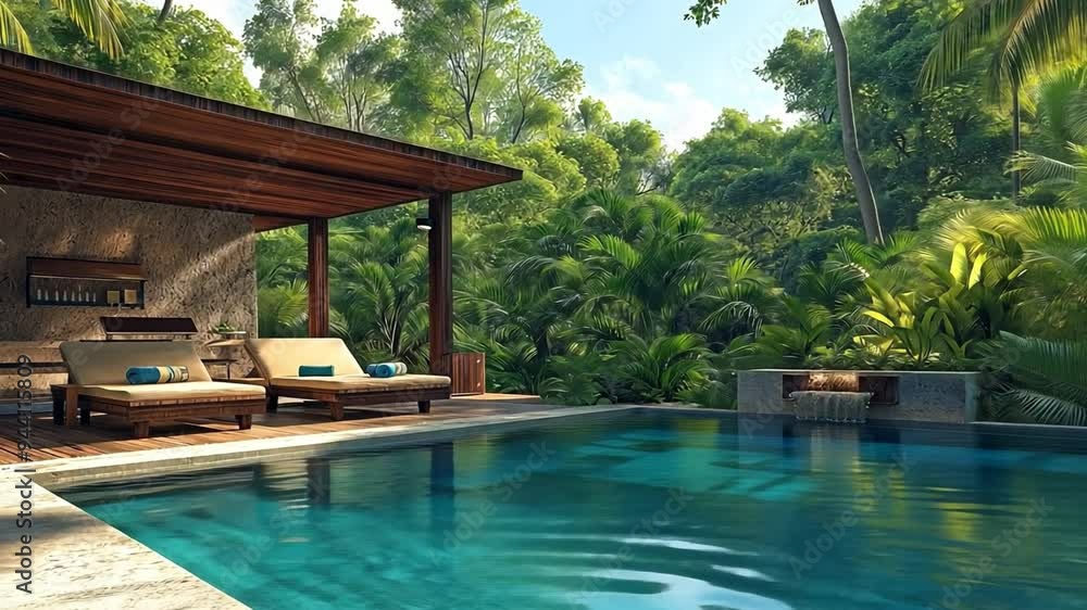 A luxurious tropical retreat featuring a serene swimming pool surrounded by lush greenery and comfortable lounge chairs. A luxurious tropical retreat featuring a serene swimming pool surrounded by lush greenery and comfortable lounge chairs.