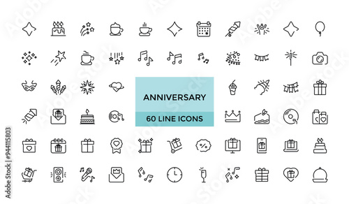 Anniversary and party line icons collection. Big UI icon set. Thin outline icons pack. Vector illustration