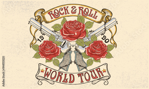 Gun with rose flower artwork. Rock and roll vector graphic print design for apparel, posters, background and others. Wild spirit. World music tour poster. Hard rock logo design. Barbed Wire with gun.