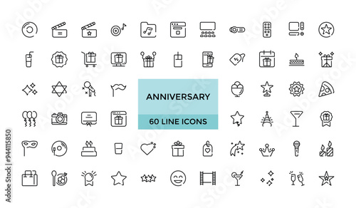 Anniversary and party line icons collection. Big UI icon set. Thin outline icons pack. Vector illustration
