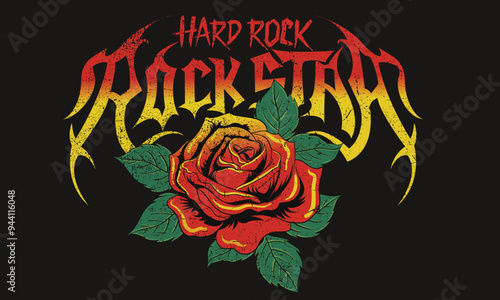 Hard rock logo design. Red rose flower artwork. Rock and roll vector graphic print design for apparel, posters, background and others. Wild spirit. World music tour poster. Rock star.