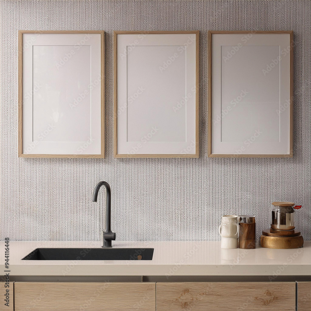Fototapeta premium Mockup poster frames, parede branca cozinha estilo moderno com decoração clean. Render 3D.