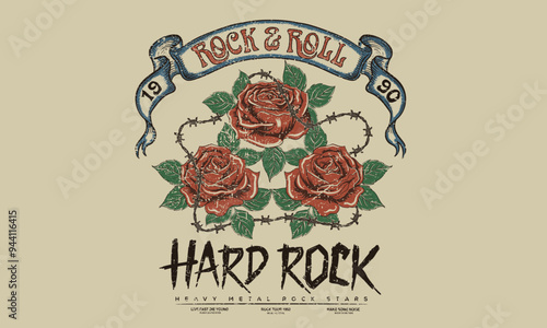 Hard rock logo design. Barbed Wire with rose flower. Rock and roll vector graphic print design for apparel, posters, background and others. Wild spirit. World music tour poster.