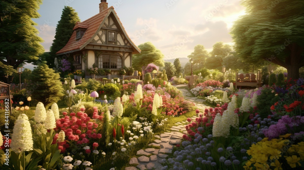 Obraz premium A photo of a cottage garden overflowing with blooming