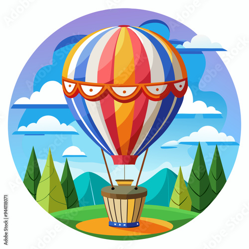 Colorful Hot Air Balloon Floating Above a Forest Landscape