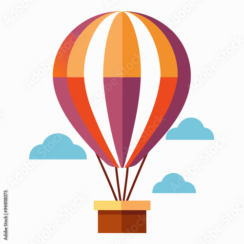 A colorful hot air balloon with a basket, flying in the sky with clouds