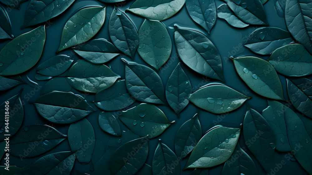 Green Leaves Floating on Water with Raindrops - A Background of Serenity and Tranquility Green Leaves Floating on Water with Raindrops - A Background of Serenity and Tranquility