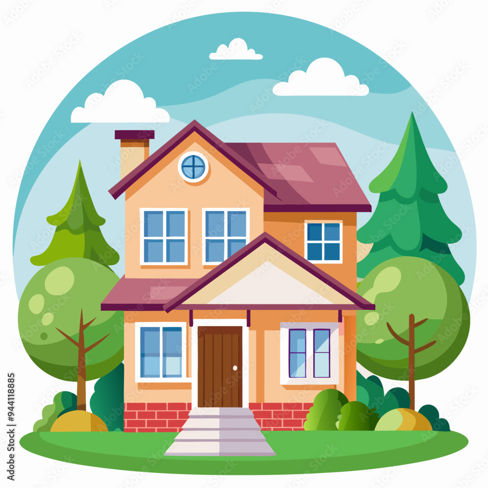Naklejka premium Two-Story House with Red Roof and Lush Greenery
