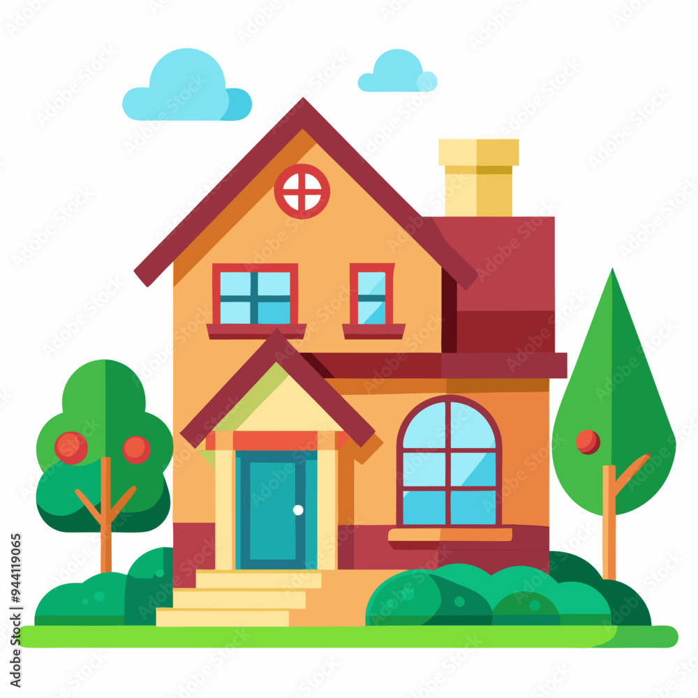 Naklejka premium Two-story house with a green lawn and trees