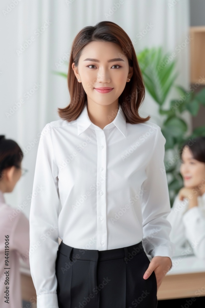 Confident Asian Businesswoman in White Blouse and Black Trousers Confident Asian Businesswoman in White Blouse and Black Trousers