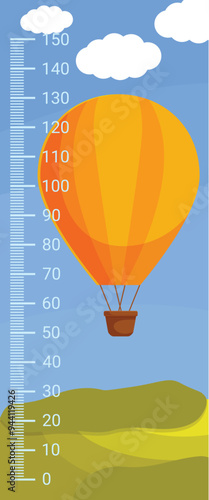 Cartoon height chart with hot air balloon flying in blue sky above green hills