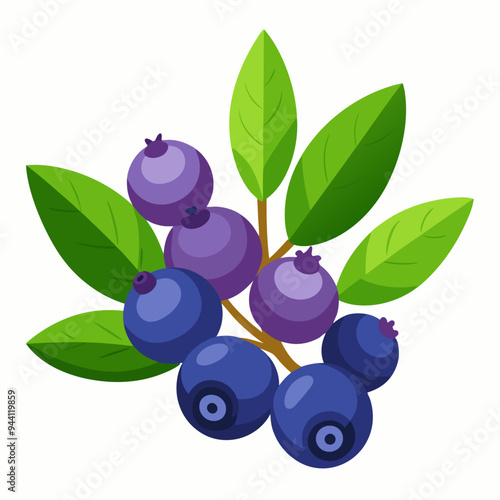 Blueberries on a Branch with Green Leaves