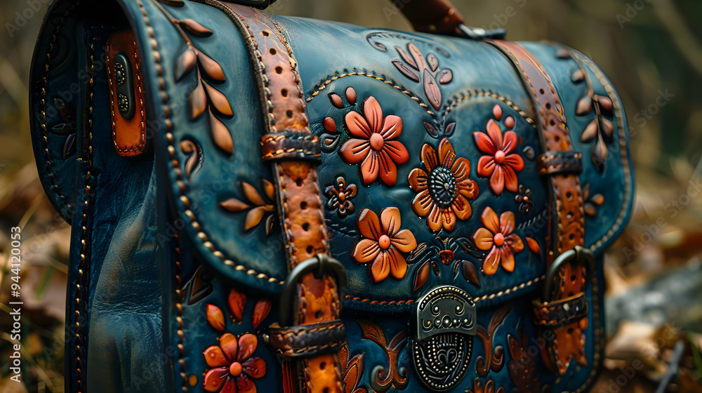 Naklejka premium Closeup of a Blue Leather Bag with Floral Embellishments