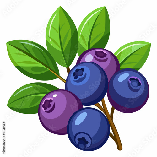 Blueberries on a Branch with Green Leaves