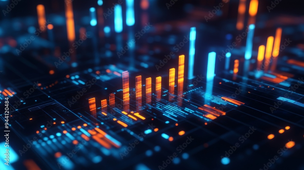 A 3D bar chart with glowing edges and interactive data points, set against a dark background to highlight detailed business statistics. A 3D bar chart with glowing edges and interactive data points, set against a dark background to highlight detailed business statistics.
