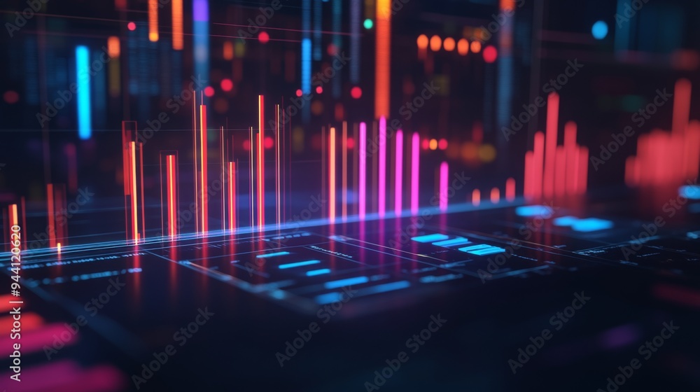 A 3D bar chart with glowing edges and interactive data points, set against a dark background to highlight detailed business statistics. A 3D bar chart with glowing edges and interactive data points, set against a dark background to highlight detailed business statistics.