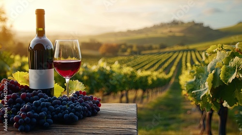 A beautiful sunset over a vineyard, showcasing a bottle of red wine and a glass, surrounded by fresh grapes.