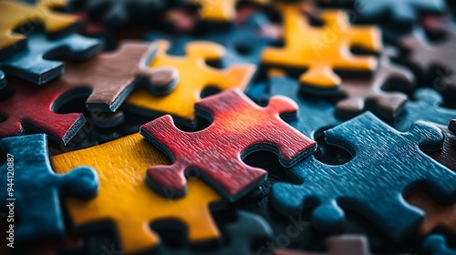 A close-up of a pile of colorful puzzle pieces with a red one in focus.