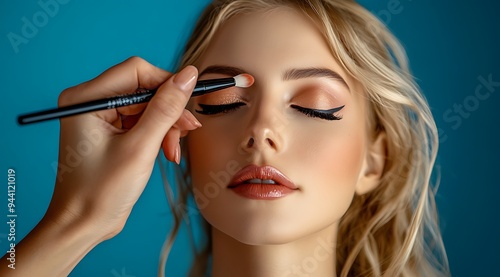 A makeup artist applies eyeshadow to a beautiful young woman with blonde hair against a blue background.