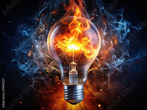 Fiery flames engulf a lightbulb, symbolizing innovative ideas and creative passion, as sparks radiate outward, illuminating a dark background with vibrant, energetic warmth. photo