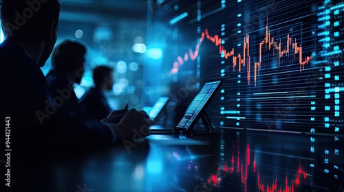 A professional stock market analysis scene with digital graphs, monitors, and silhouettes of business professionals.