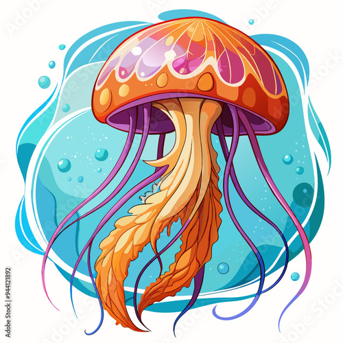 Orange and Purple Jellyfish with Blue and White Water Background