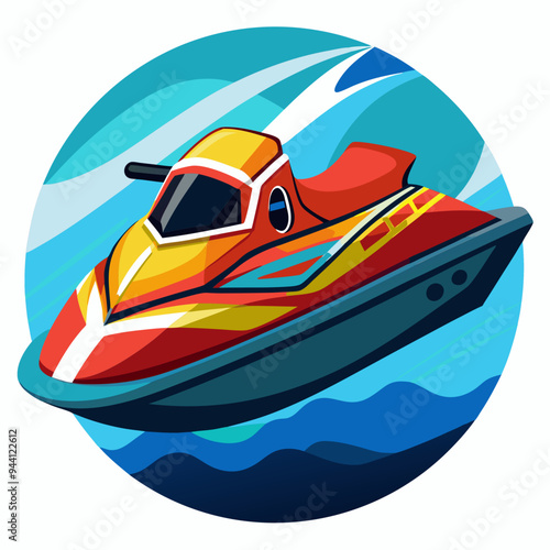 Red and Yellow Jet Ski Cutting Through Blue Water