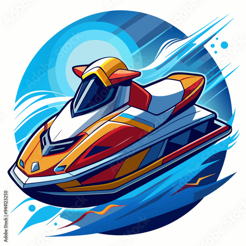 A Cartoon Illustration of a Jet Ski Speeding Through Blue Water
