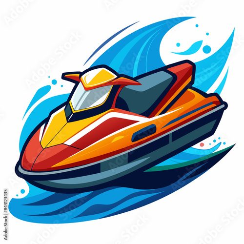 Orange and Red Jet Ski Cutting Through Blue Water Waves