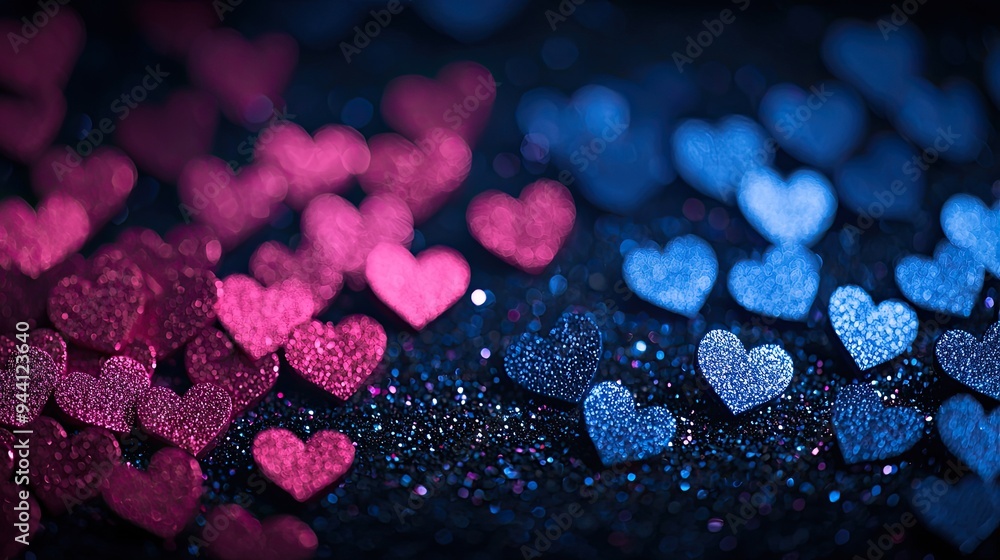 Vibrant glittering hearts in pink and blue colors create a romantic and festive atmosphere perfect for celebrations and special occasions. Vibrant glittering hearts in pink and blue colors create a romantic and festive atmosphere perfect for celebrations and special occasions.