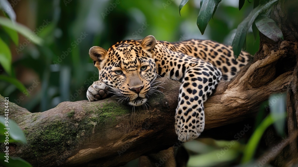 leopard lounging on a tree branch in a tropical rainforest leopard lounging on a tree branch in a tropical rainforest