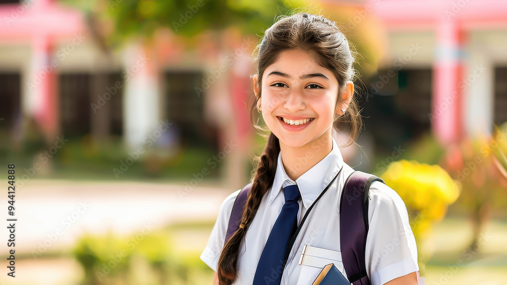 A smiling young girl in a school uniform, carrying a backpack and a book, standing outside on a sunny day.