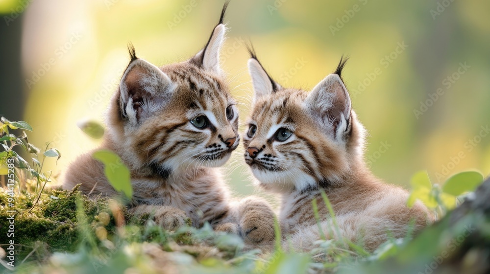 pair of lynx kittens playing in a forest clearing pair of lynx kittens playing in a forest clearing